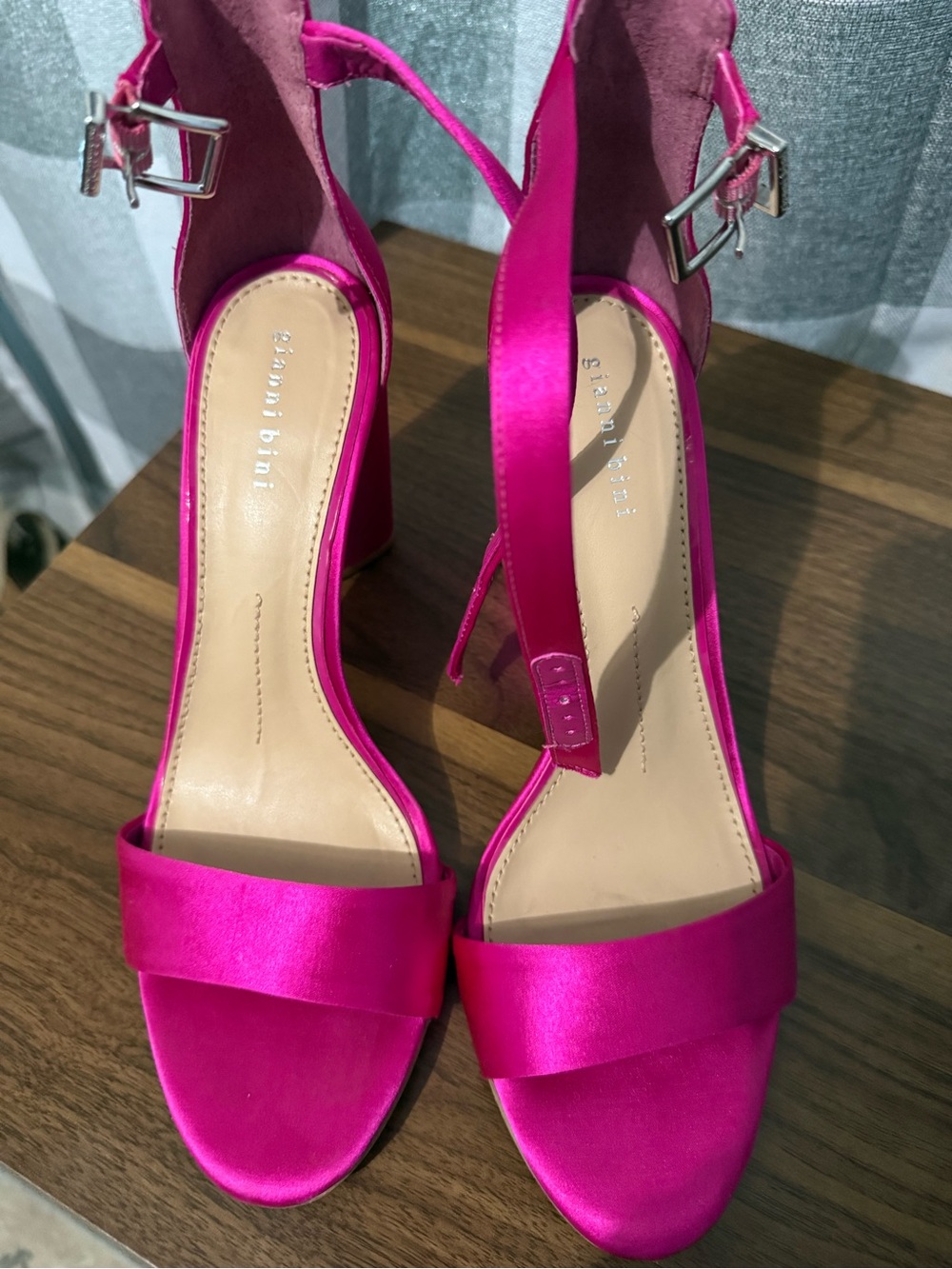 Hot Pink Satin Block Heel Sandals